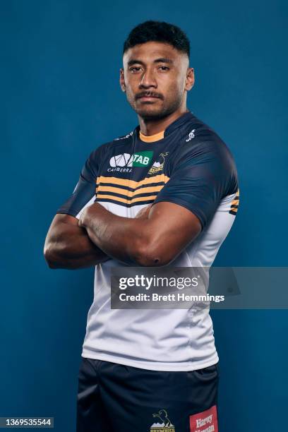 Irae Simone poses during the ACT Brumbies Super Rugby 2022 headshots session at Brumbies HQ on February 09, 2022 in Canberra, Australia.