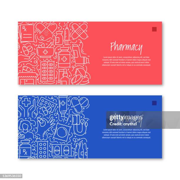 pharmacy related objects and elements. hand drawn vector doodle illustration collection. banner template with different pharmacy objects - chemist sign stock illustrations
