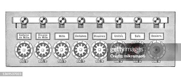 old engraved illustration of old calculating machine, pascal's calculator - blaise pascal stock pictures, royalty-free photos & images