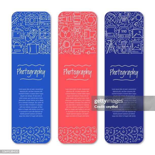 photography related objects and elements. hand drawn vector doodle illustration collection. banner template with different photography objects - reflective surface background stock illustrations