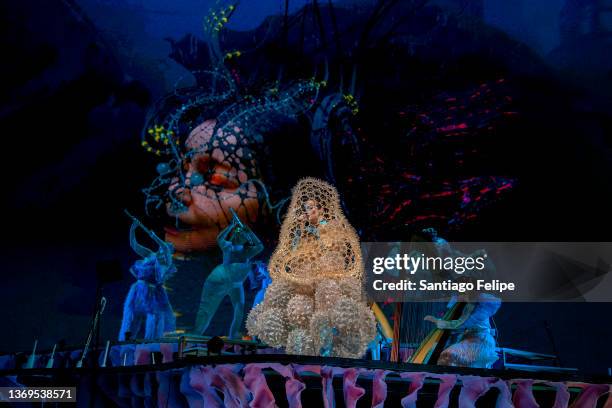 Bjork performs onstage during her 'Cornucopia' tour at Chase Center on February 08, 2022 in San Francisco, California.