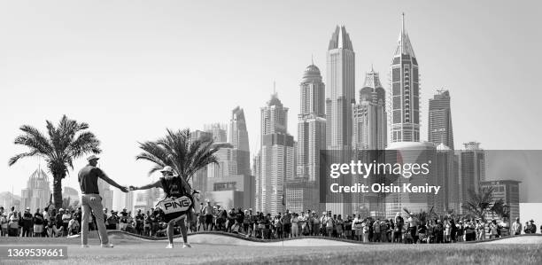 Adrian Meronk of Poland on the 8th hole during day three of the Slync.io Dubai Desert Classic at Emirates Golf Club on January 29, 2022 in Dubai,...