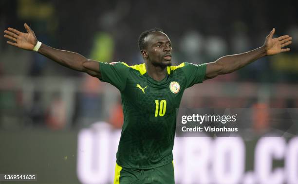 Sadio Mane of Senegal celebrates scoring the winning penalty in the shoot out in the Africa Cup of Nations 2021 final match between Senegal and Egypt...