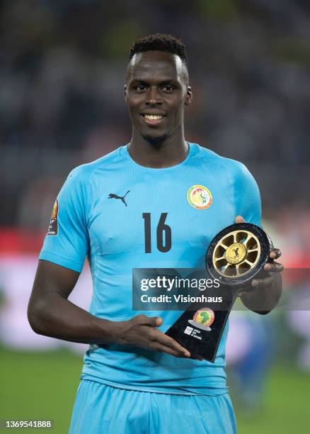 Of Senegal celebrates after winning the AFCON 2021 Best Goalkeeper award after winning the Africa Cup of Nations 2021 final match between Senegal and...