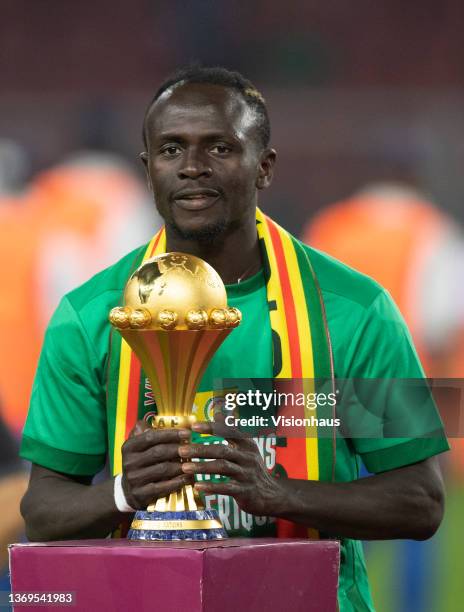 Sadio Mane of Senegal with the AFCON trophy after winning the Africa Cup of Nations 2021 final match between Senegal and Egypt at Stade d'Olembe in...