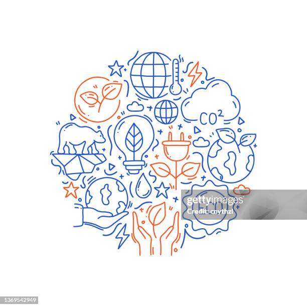 stockillustraties, clipart, cartoons en iconen met ecology and environment related objects and elements. hand drawn vector doodle illustration collection. hand drawn pattern design - climate change