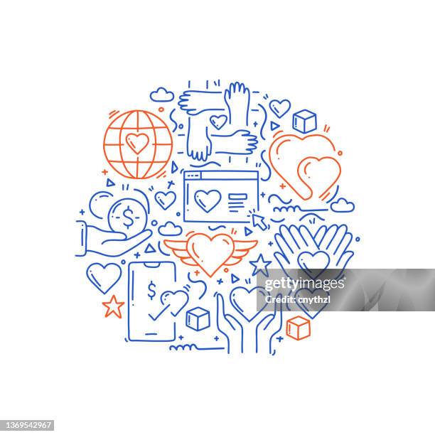 charity and donation related objects and elements. hand drawn vector doodle illustration collection. hand drawn pattern design - community care stock illustrations