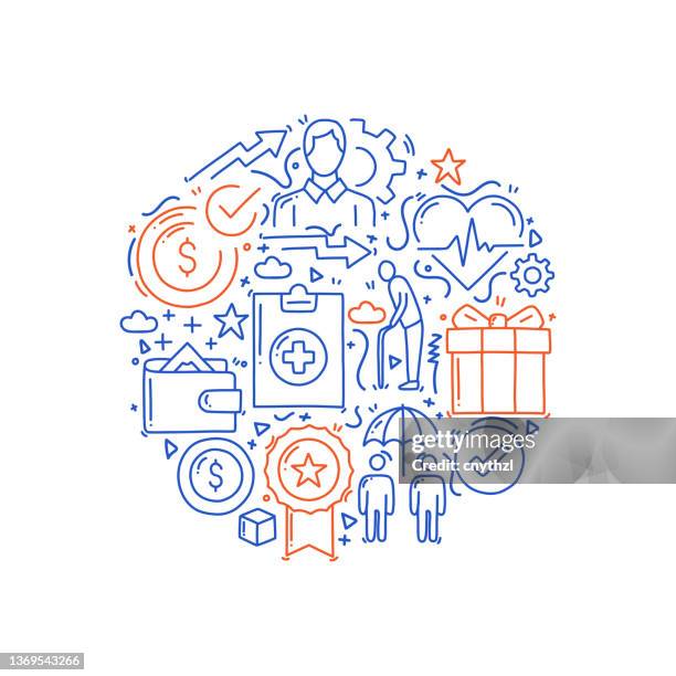 illustrazioni stock, clip art, cartoni animati e icone di tendenza di oggetti ed elementi correlati ai benefici per i dipendenti. collezione di illustrazioni vettoriali disegnate a mano. design del modello disegnato a mano - servizio sociale