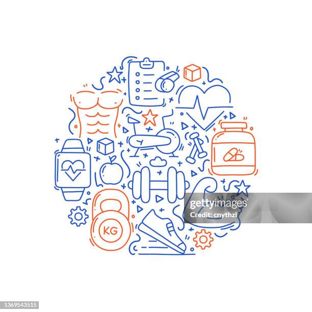 fitness and workout related objects and elements. hand drawn vector doodle illustration collection. hand drawn pattern design - bench press stock illustrations