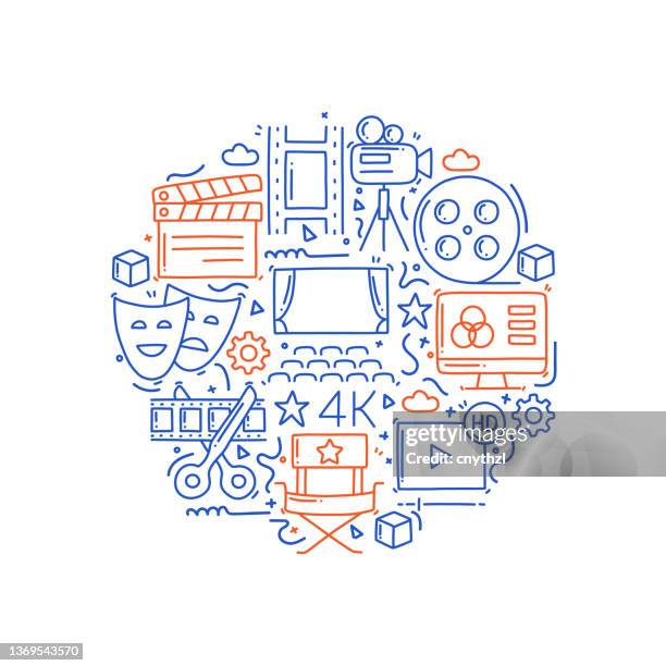 cinema and movie related objects and elements. hand drawn vector doodle illustration collection. hand drawn pattern design - gala icon stock illustrations