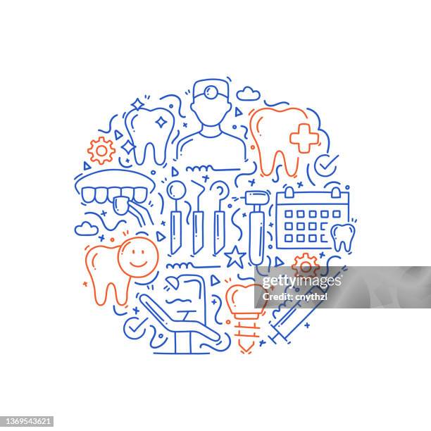 dental related objects and elements. hand drawn vector doodle illustration collection. hand drawn pattern design - human teeth illustration stock illustrations