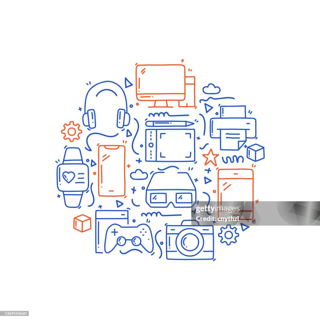 Computer Relative Picture Computer And Devices Related Objects And Elements Hand Drawn Vector ...