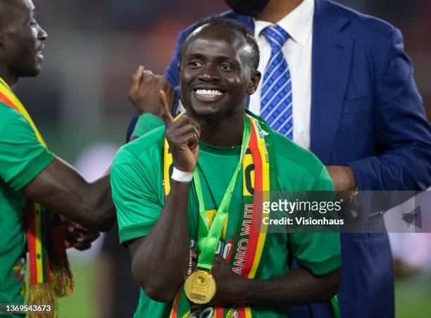 Sadio Mane of Senegal celebrates after winning the Africa Cup of Nations 2021 final match between Senegal and Egypt at Stade d'Olembe in Yaounde on...