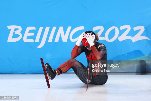 Kim Boutin of Team Canada reacts after a fall during the Women's 1000m Heats on day five of the Beijing 2022 Winter Olympic Games at Capital Indoor...