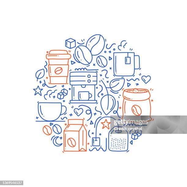 coffee and tea related objects and elements. hand drawn vector doodle illustration collection. hand drawn pattern design - tea leaves pattern stock illustrations