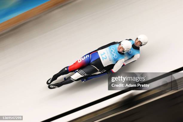 Jinyong Park and Jung Myung Cho of Team South Korea slide during the Luge Doubles Run 1 on day five of the Beijing 2022 Winter Olympic Games at...