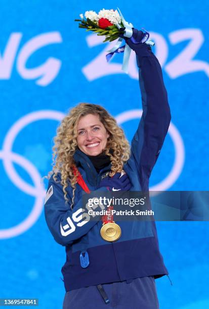 Gold medallist, Lindsey Jacobellis of Team United States celebrates during the Women's Snowboard Cross medal ceremony on Day 5 of the Beijing 2022...