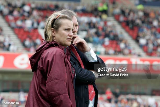 Emma Hayes, Arsenal Ladies Assistant Manager watches on during the Women's FA Cup Final against leeds United at the City Ground, Nottingham on May 5,...