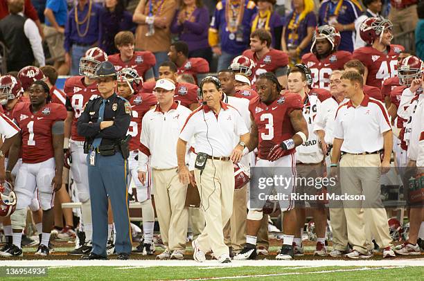 National Championship: Alabama Trent Richardson and coach Nick Saban on sidelines during game vs Louisiana State at Mercedes-Benz Superdome. New...