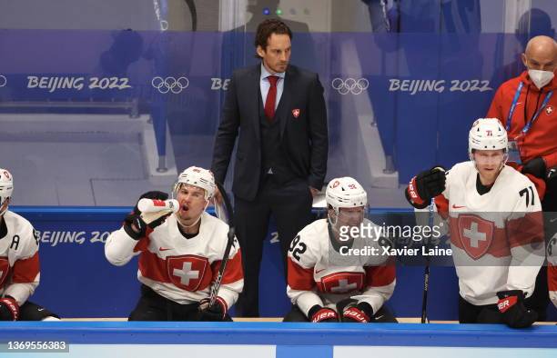 Head coach Patrick Fischer of Team Swittzerland reacts during the Men's Preliminary Round Group B game between ROC and Switzerland on Day 5 of the...