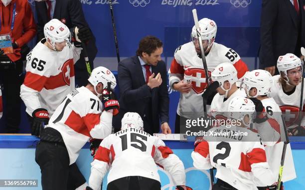 Head coach Patrick Fischer of Team Swittzerland reacts during the Men's Preliminary Round Group B game between ROC and Switzerland on Day 5 of the...