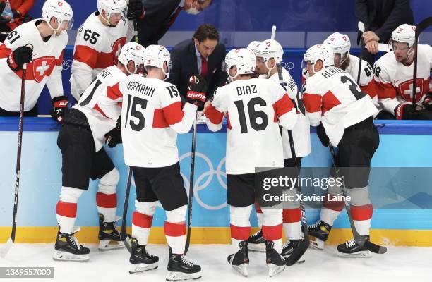 Head coach Patrick Fischer of Team Swittzerland reacts during the Men's Preliminary Round Group B game between ROC and Switzerland on Day 5 of the...