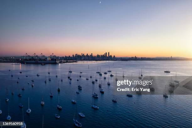 aerial view of the city at dawn - melbourne aerial view stock pictures, royalty-free photos & images