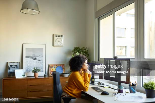 businesswoman using computer at home office - freelancer stockfoto's en -beelden