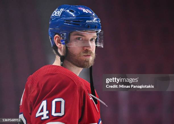 Joel Armia of the Montreal Canadiens skates during warmups prior to the game against the New Jersey Devils at Centre Bell on February 8, 2022 in...