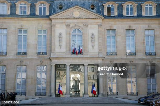 The facade of the Elysee Palace is seen during the weekly cabinet meeting on February 09, 2022 in Paris, France. On Sundays April 10 and 24 47.9...