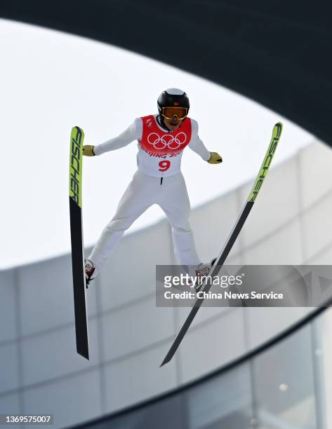 Zhao Jiawen of Team China competes during Nordic Combined Individual Gundersen Normal Hill/10km Ski Jumping Competition Round on Day five of the...