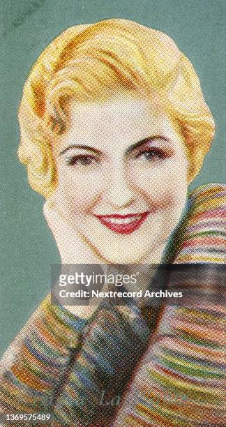 Collectible colorized tobacco card, 'Film Favourites' series, published 1934 by Godfrey Phillips Ltd Cigarettes, depicting Hollywood film and...