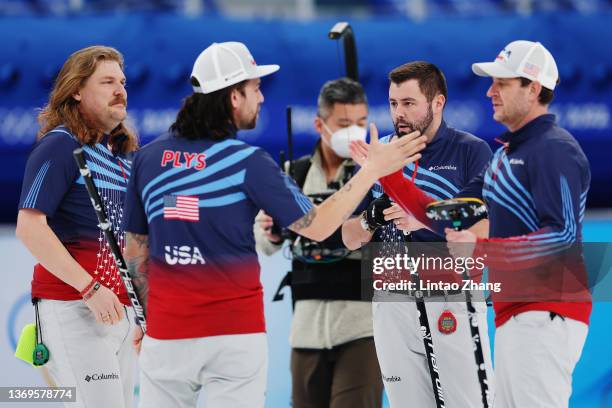 Matt Hamilton, Christopher Plys, John Landsteiner and John Shuster of Team United States celebrate their victory against Team ROC during the Men's...