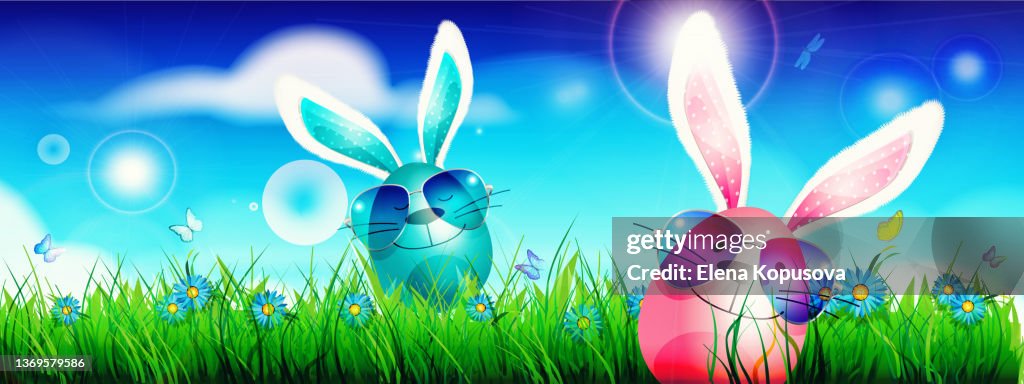 Easter! Anthropomorphic Easter egg with rabbit ears on the background of spring nature. Festive graphic vector illustration.