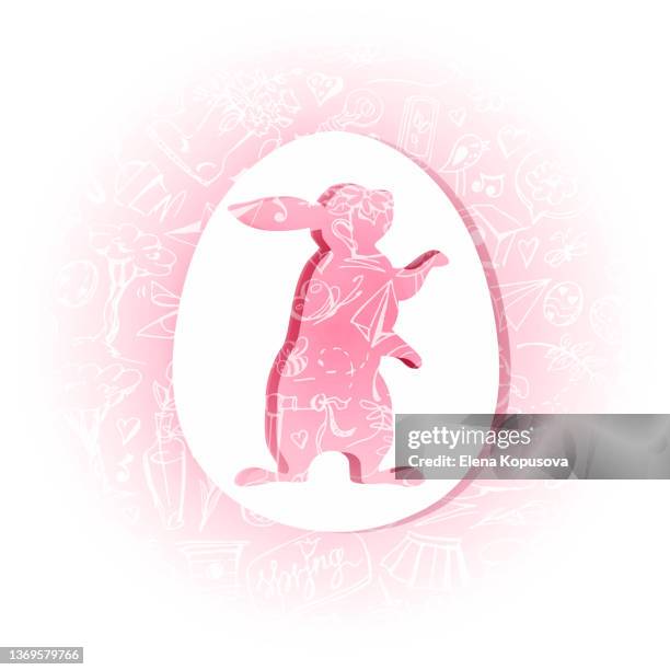 happy easter! paper easter egg with a rabbit and a freehand drawing on a colored neutral background. graphic vector illustration in eps 10 format. - red easter eggs stock illustrations
