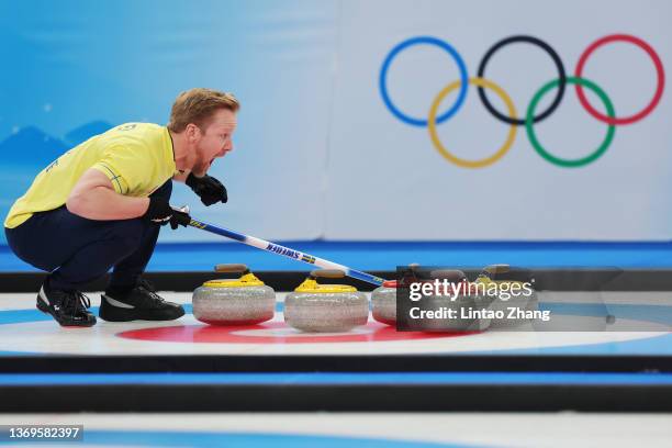 Niklas Edin of Team Sweden competes against Team China during the Men's Round Robin Session on Day 5 of the Beijing 2022 Winter Olympic Games at...