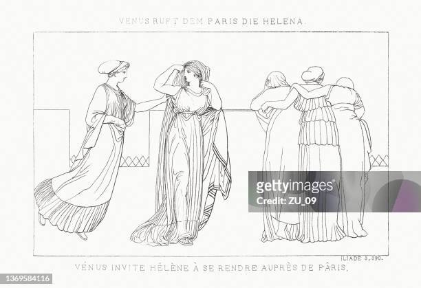 stockillustraties, clipart, cartoons en iconen met venus disguised inviting helen to the chamber of paris (iliad) - helena
