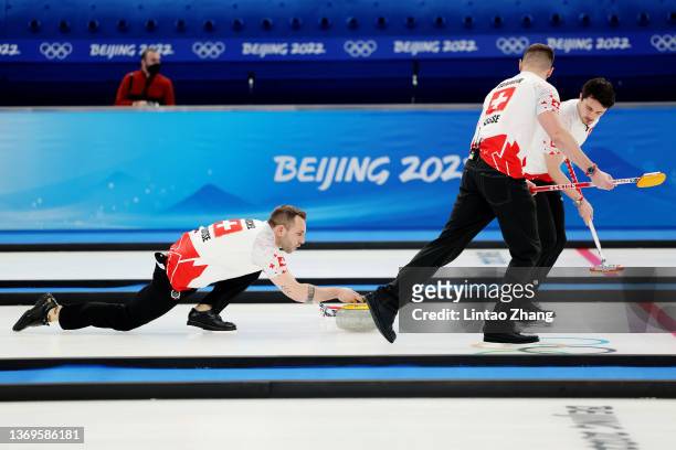 Sven Michel of Team Switzerland competes against Team Norway during the Men's Round Robin Session on Day 5 of the Beijing 2022 Winter Olympic Games...