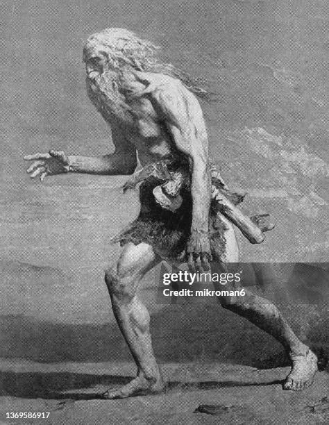 old engraved illustration of prehistoric man - steinzeit mensch stock-fotos und bilder