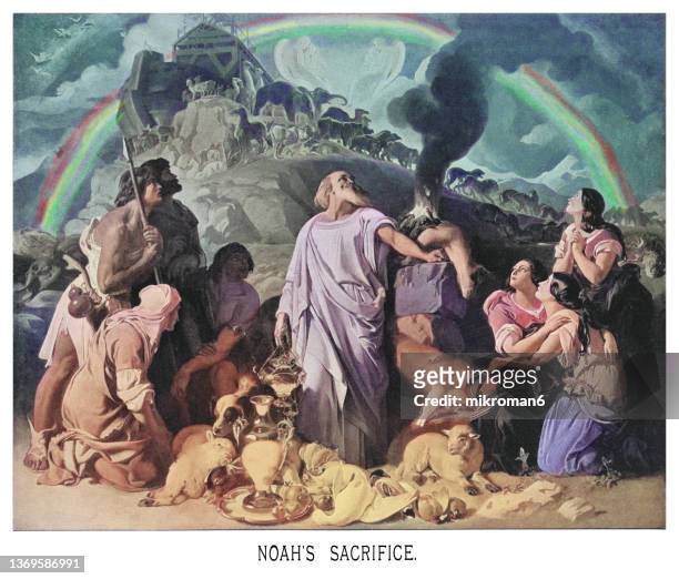 old engraved illustration of noah's sacrifice after the flood - nuevo testamento fotografías e imágenes de stock