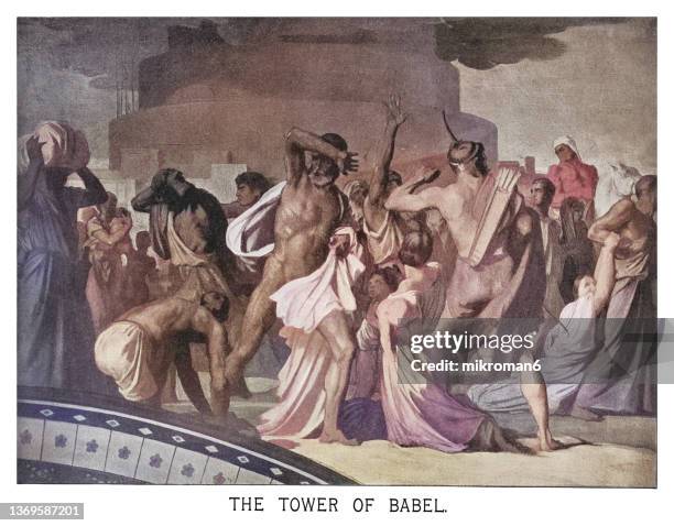 old engraved illustration of the tower of babel - toren van babel stockfoto's en -beelden