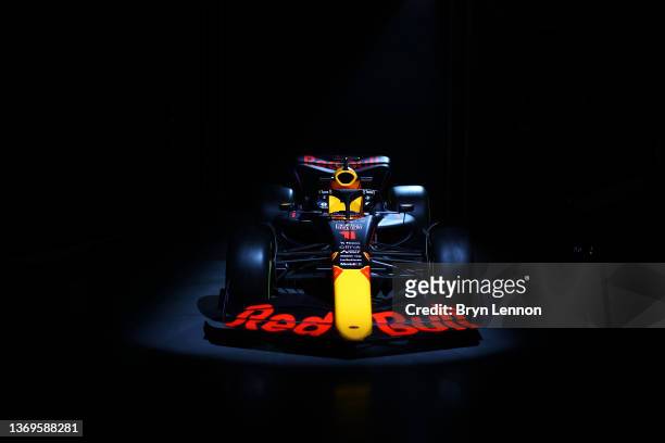 The Red Bull Racing RB18 is pictured during the Red Bull Racing RB18 launch at Red Bull Racing Factory on January 26, 2022 in Milton Keynes, England.