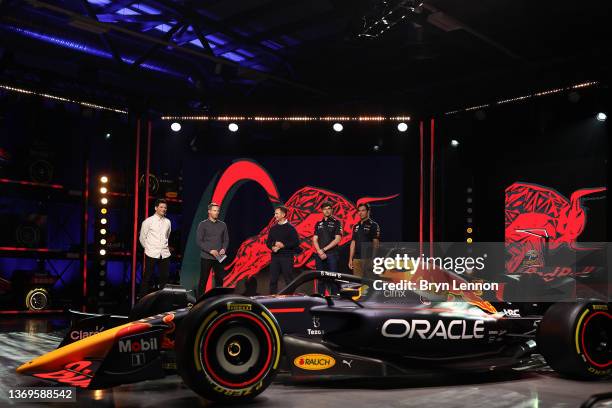 Red Bull Racing Team Principal Christian Horner, Max Verstappen of Netherlands and Red Bull Racing and Sergio Perez of Mexico and Red Bull Racing...