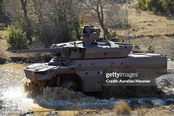 The EBRC Jaguar, France's new armoured reconnaissance and combat vehicle during a test at Camp de Canjuers on February 09, 2022 in Montferrat,...