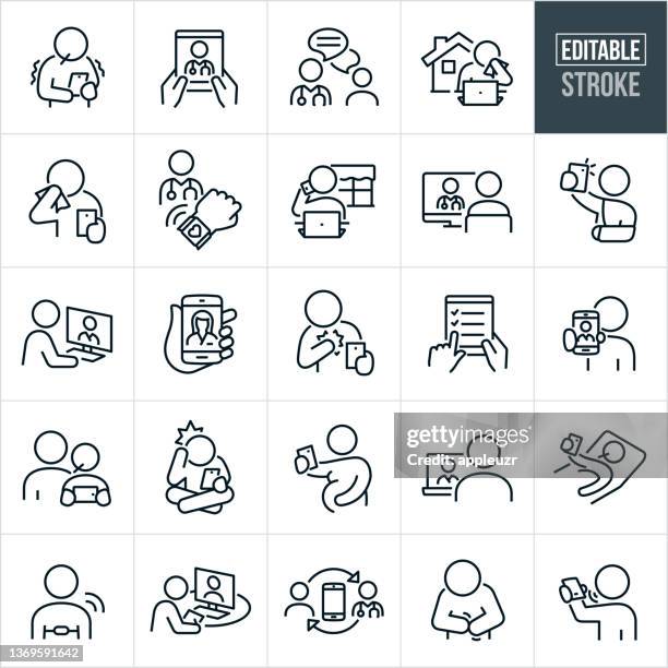 ilustrações de stock, clip art, desenhos animados e ícones de telemedicine thin line icons - editable stroke - a usar um telefone
