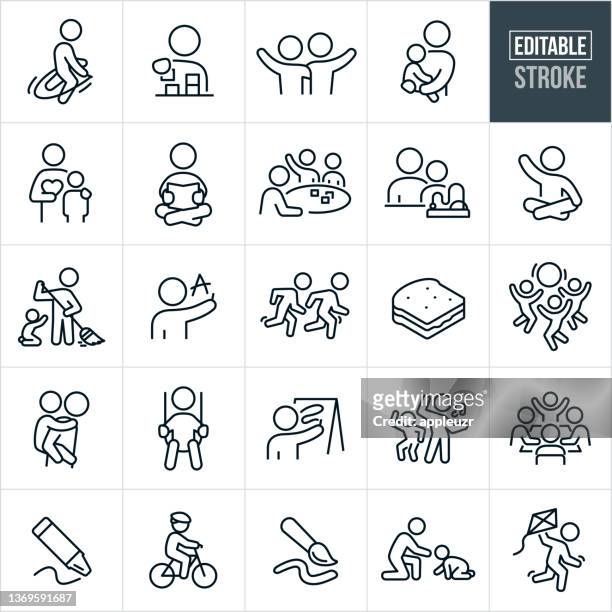 illustrazioni stock, clip art, cartoni animati e icone di tendenza di icone a linee sottili per la cura dei bambini - tratto modificabile - stare seduto