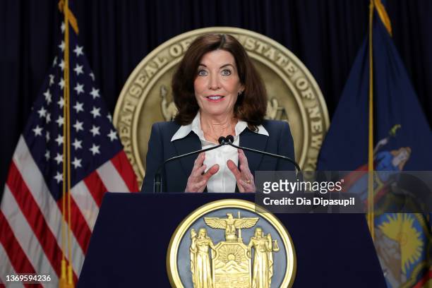 New York Governor Kathy Hochul speaks during a Covid-19 press conference on February 09, 2022 in New York City. Governor Hochul announced the end of...