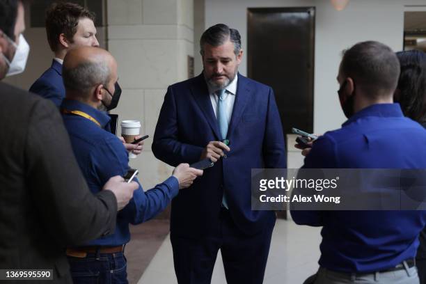 Sen. Ted Cruz speaks to reporters as he leaves after a closed briefing before Senate Foreign Relations Committee at the U.S. Capitol February 9, 2022...