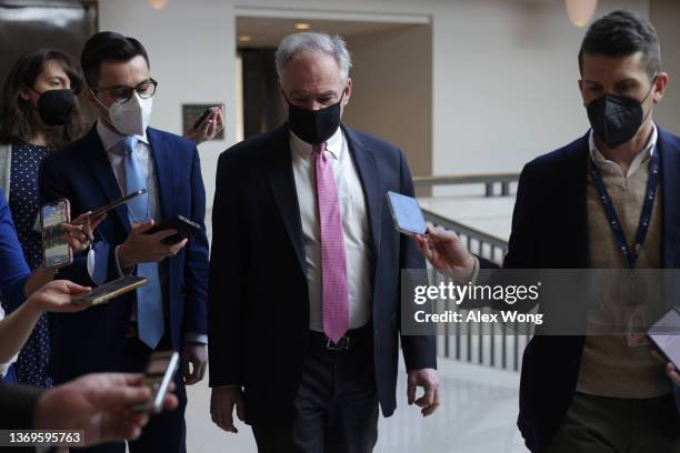 Sen. Tim Kaine speaks to reporters as he leaves after a closed briefing before Senate Foreign Relations Committee at the U.S. Capitol February 9,...