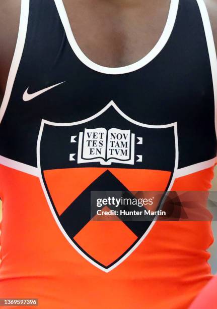 Princeton Tigers logo is seen on a singlet during a match at Jadwin Gymnasium on the campus of Princeton University on February 5, 2022 in Princeton,...